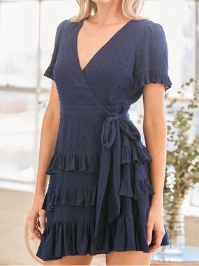 Lulu's Call Me Cute Navy Blue Swiss Dot Tiered Faux Wrap Mini Dress Women's XL